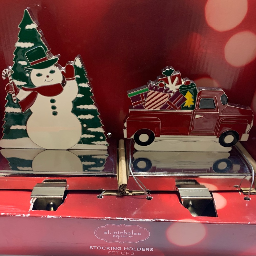 Snowman and Truck Christmas Stocking Holders 2 piece set